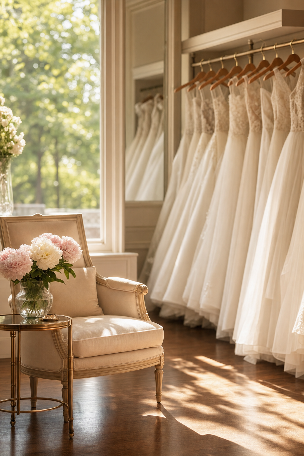 Sunlit interior of the Lis De La Valle boutique with a row of bridal gowns and fresh peonies