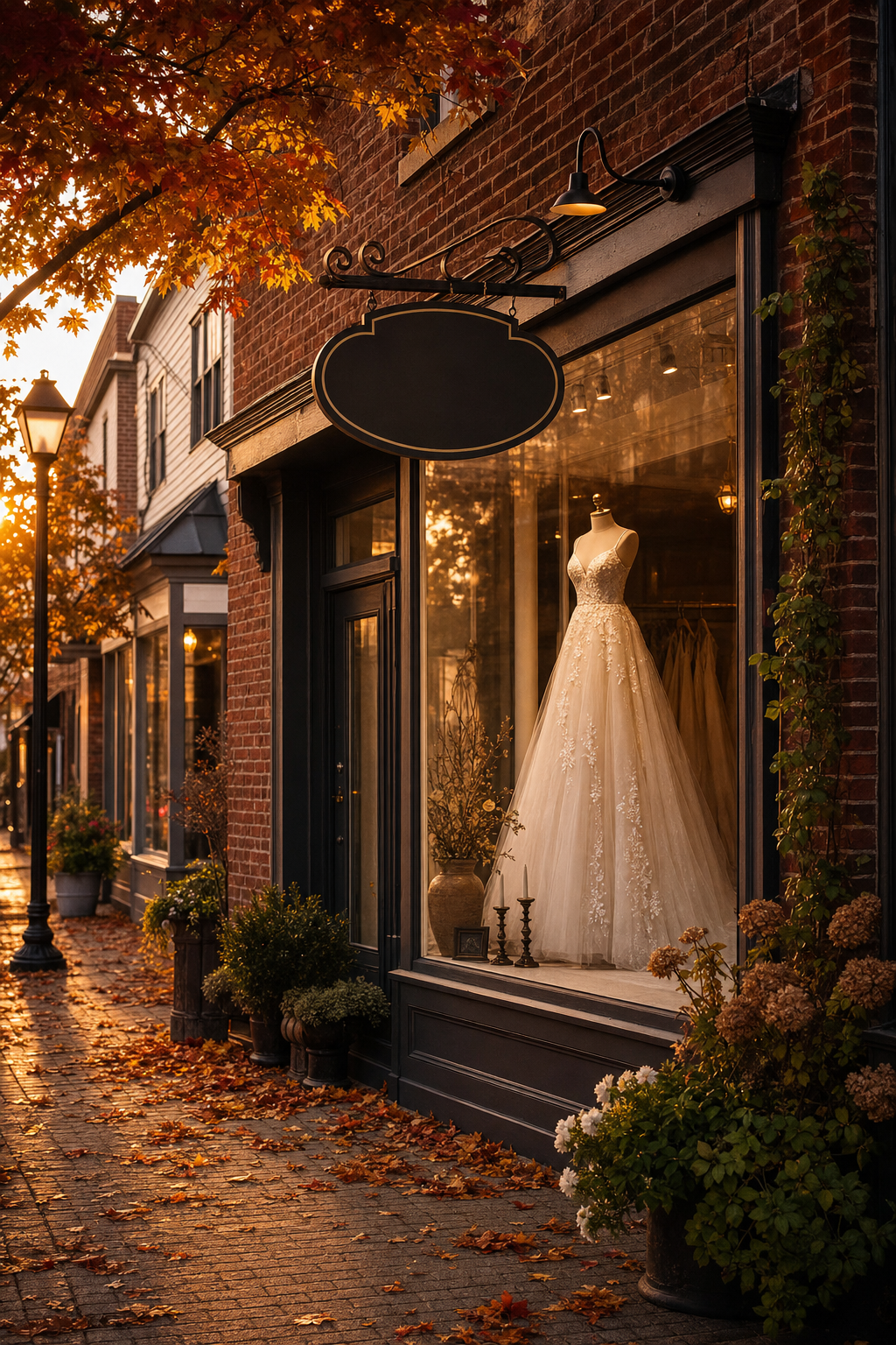 The Lis De La Valle storefront at golden hour, with a wedding gown in the window display
