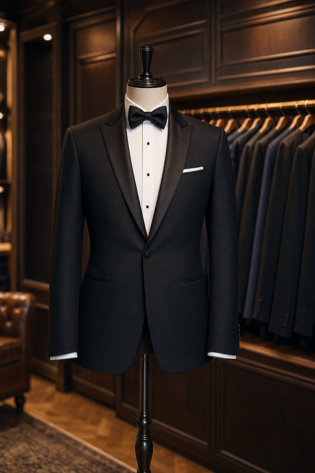 A classic black tuxedo with bow tie on a tailor's mannequin